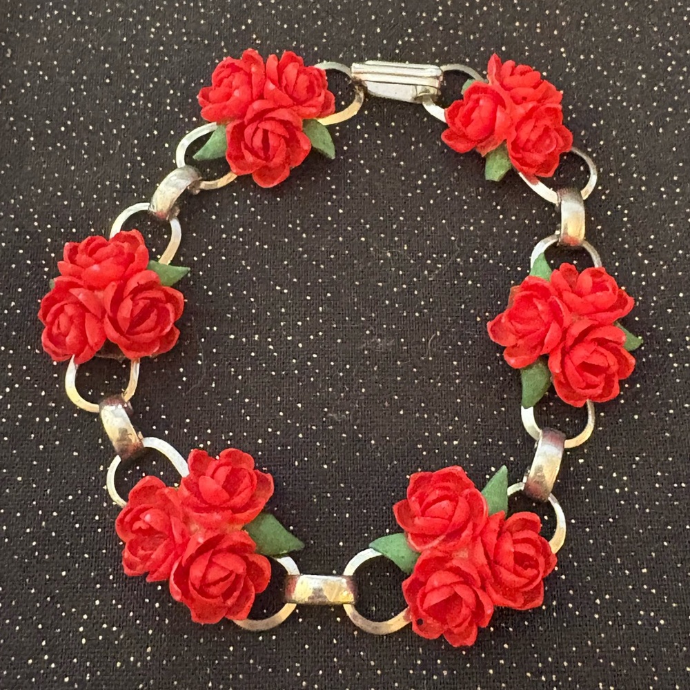 Vintage Red Rose Silver Tone Bracelet